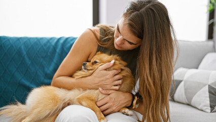 Relaxed young hispanic woman warmly hugging her adorable dog while sitting on the sofa indoors....
