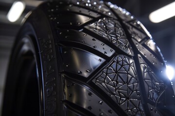 Close-up of innovative car tire tread design featuring water dispersal technology