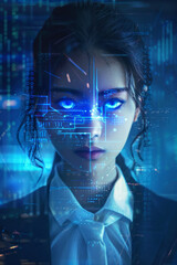 A beautiful businesswoman with glowing blue eyes on a digital background