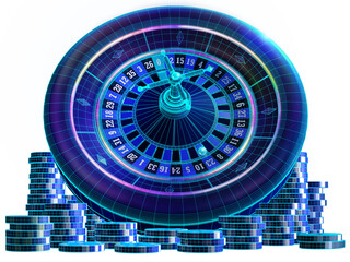 Blue wireframe display of a casino roulette wheel atop of stacks of gambling chips.  3D illustration