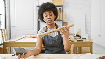 African american woman examines wood in a carpentry workshop setting.