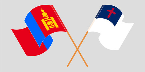 Crossed and waving flags of Mongolia and christianity
