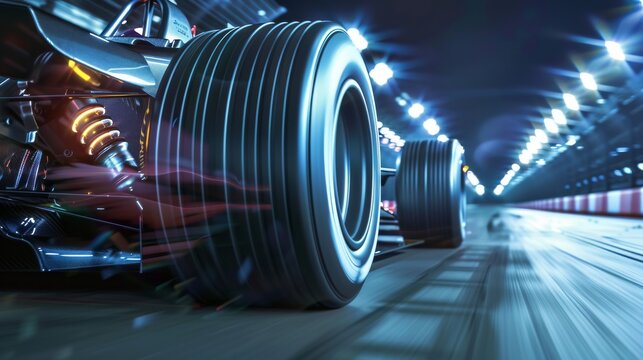 High-speed racing car zooming on track at night with illuminated tires and dynamic motion blur