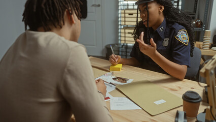 A policewoman interrogates a man with american passports and money on the table in a police station office.