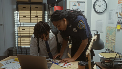 A policewoman and a man investigate a case with evidence on a desk inside a police station.