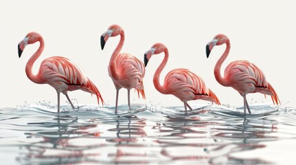 Four pink flamingos are walking in a body of water