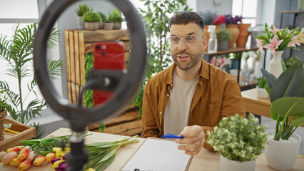 A bearded man prepares a live broadcast in a flower shop, with colorful tulips and indoor plants. - obrazy, fototapety, plakaty