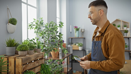 Young hispanic man with beard working on smartphone in plant-filled florist shop.