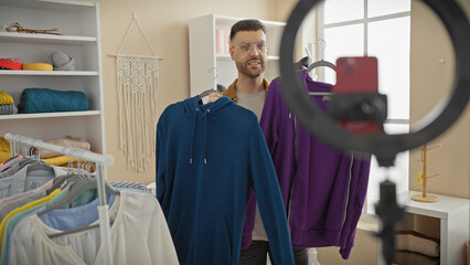 A young hispanic man smiles while recording a fashion video in a well-organized room filled with stylish clothing on racks and shelves.