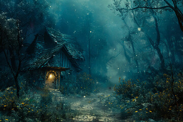 Witch house in mysterious dark forest, fantasy. AI generative - 785307673