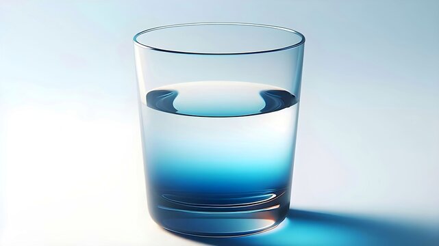 A glass cup containing a gradient mixture of transparent glowing blue liquid on an abstract white background
