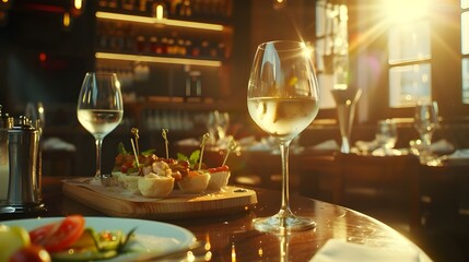 A table adorned with wine glasses and delectable food spread across it - obrazy, fototapety, plakaty