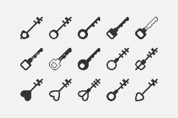 black and white simple flat 1bit vector pixel art set of various modern and fantasy retro vintage keys icons. password login security