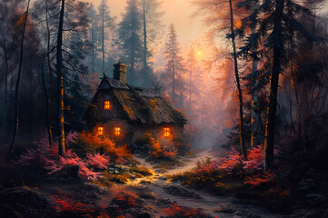 Witch house in mysterious dark forest, fantasy. Halloween. AI generative - 785308061