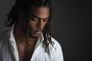 Close-up portrait of a very handsome African American man with brown eyes, long deadlock hair, and a white shirt - copy space, isolated, dark background