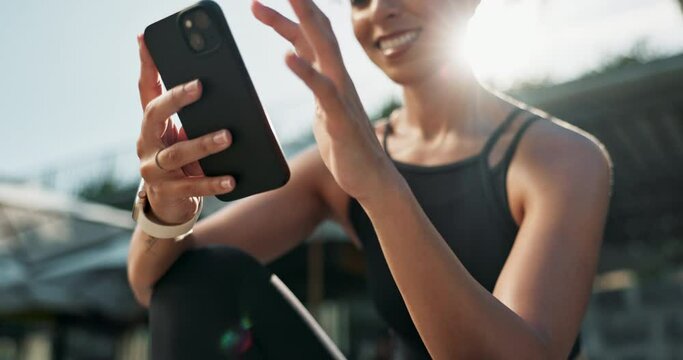 Hands, woman and smartphone outdoor for exercise app, communication and scroll social media for workout tips. Using phone on fitness break, sports blog with connectivity and happy with online chat