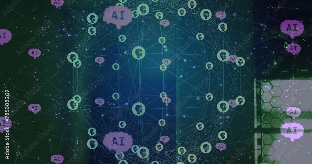 Poster image of globe with connections and ai icons over computer servers