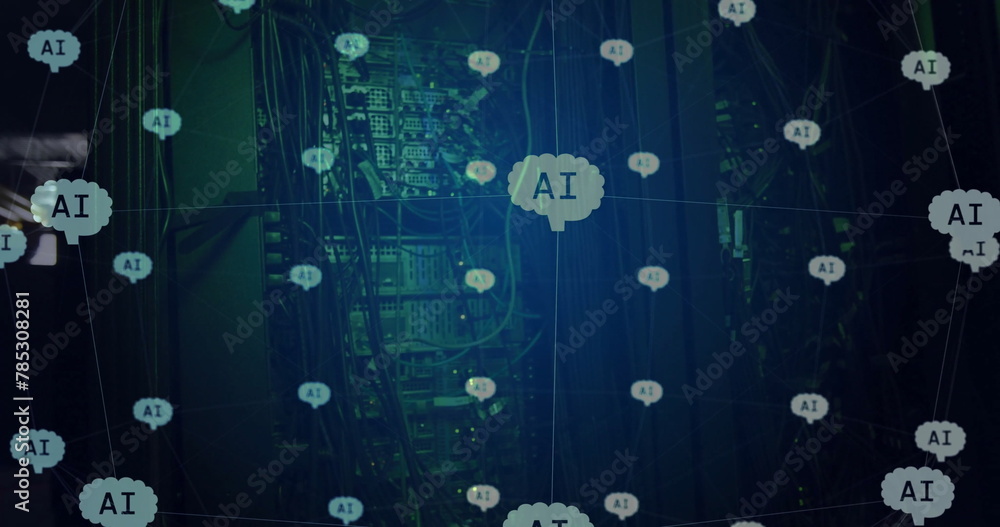 Poster image of globe with connections and ai icons over computer servers