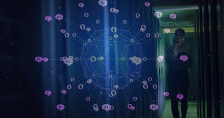 Image of globe with connections and ai icons over caucasian woman by computer servers
