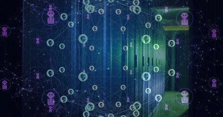 Image of globe with connections and ai icons over computer servers