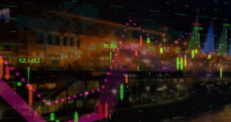 Image of data processing, diagrams and stock market over cityscape