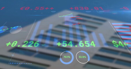 Image of data processing, diagrams and stock market over building