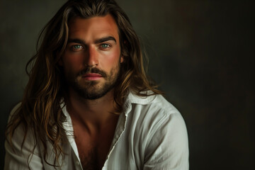 Close-up portrait of a very handsome man with green eyes, long blond hair, and a short beard, wearing a white shirt - copy space, isolated, dark background