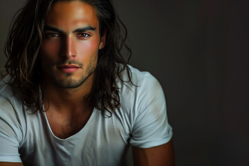 Close-up portrait of a very handsome young hispanic / latino man with long dark hair, brown eyes, a very short beard, and a white shirt - isolated, dark background, copy space