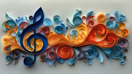 Musical treble clef made of paper in quilling style.