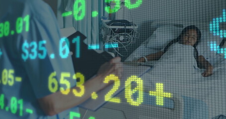 Image of financial data processing over caucasian female doctor