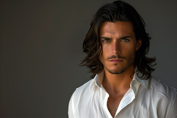 Close-up portrait of a very handsome young hispanic / latino man with long dark hair, green eyes, a very short beard, and a white shirt - isolated, dark background, copy space