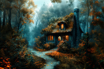 Witch house in mysterious dark forest, fantasy. Halloween. AI generative - 785308474