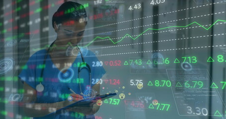 Image of data processing over caucasian female doctor