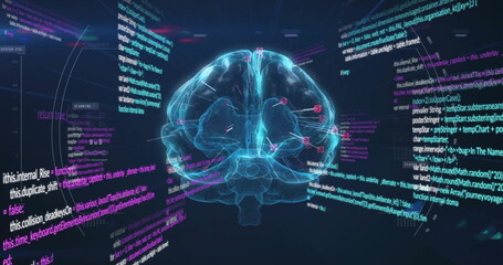 Image of human brain and data processing over dark background