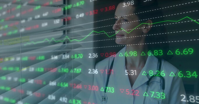 Image of data processing over caucasian female doctor