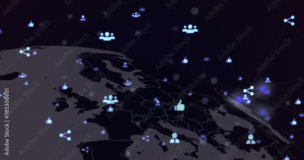 Poster image of web of connections with icons floating over a world map on a black background