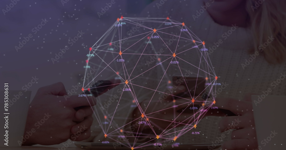 Poster image of web of connections with numbers floating over man and woman using smartphones