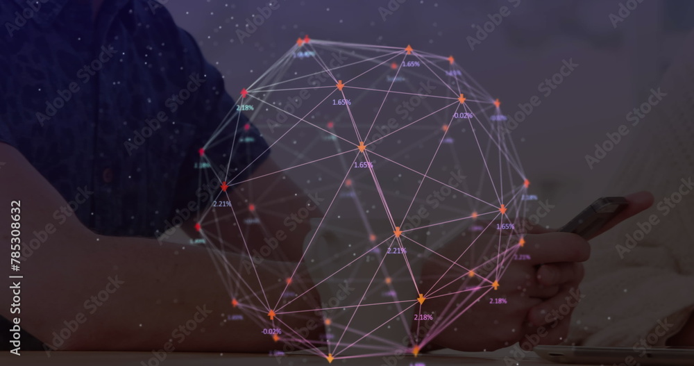 Poster image of web of connections with numbers floating over man and woman using smartphones