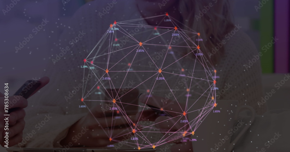 Aufkleber image of web of connections with numbers floating over man and woman using smartphones