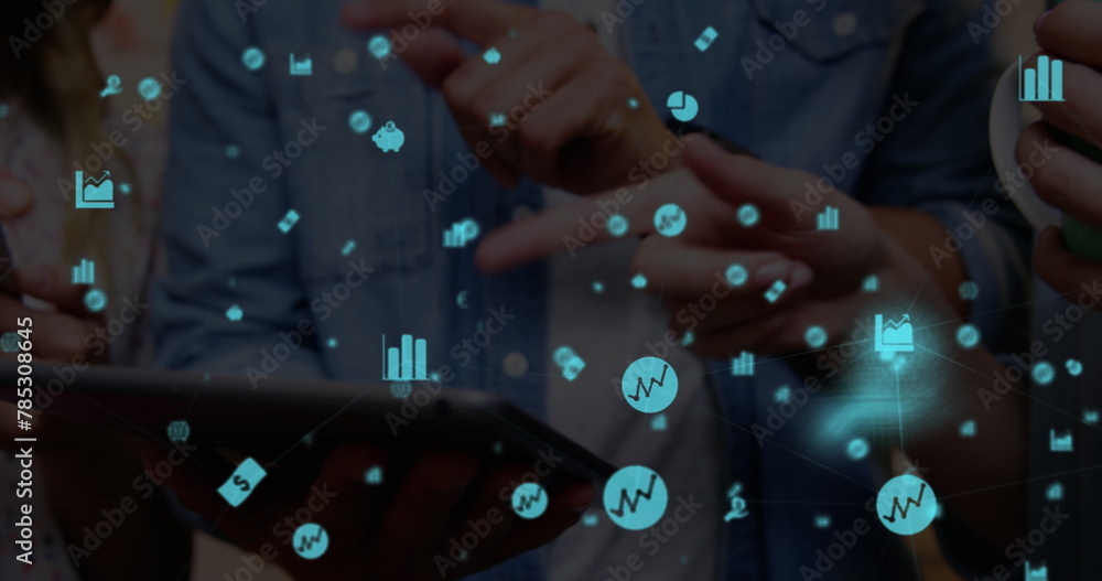 Poster image of web of connections with icons floating over a group of people using digital tablet and smar