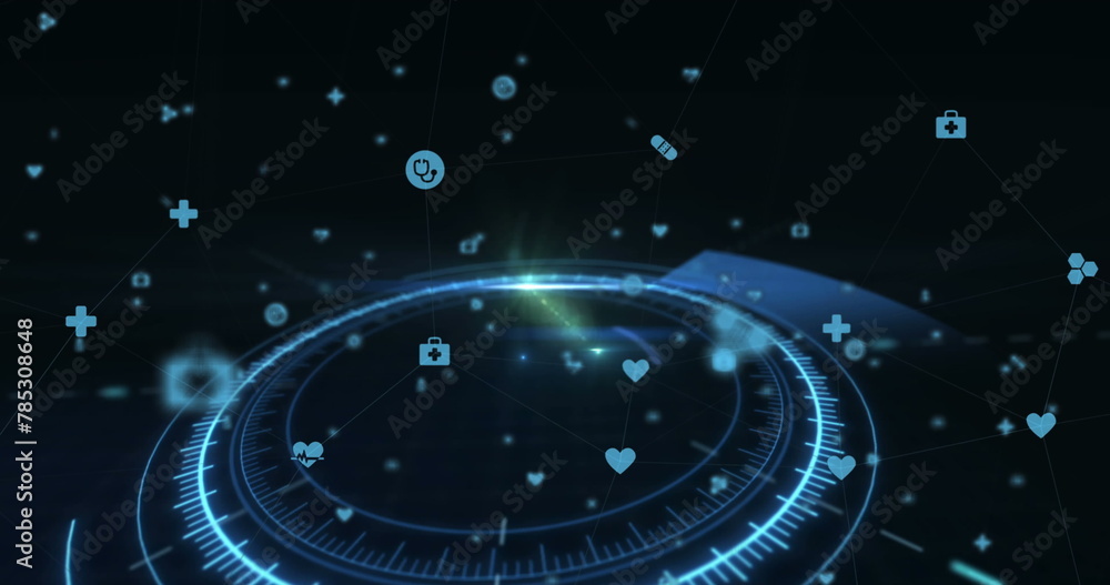 Aufkleber Image of web of connections with icons and circles floating on a black background