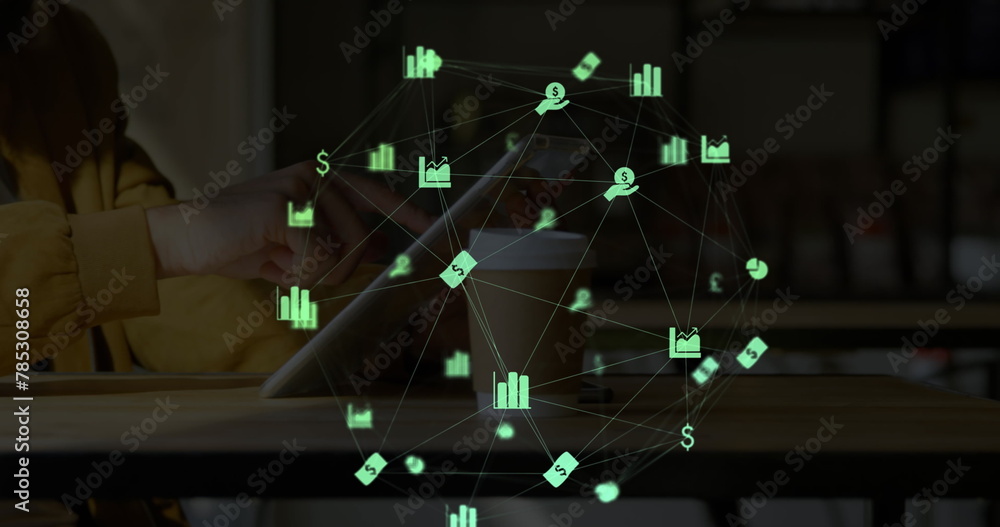 Aufkleber image of web of connections with icons floating overa a woman using a digital tablet