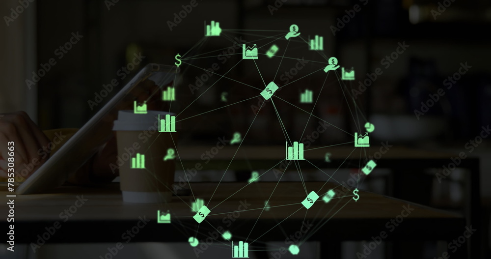 Poster image of web of connections with icons floating overa a woman using a digital tablet