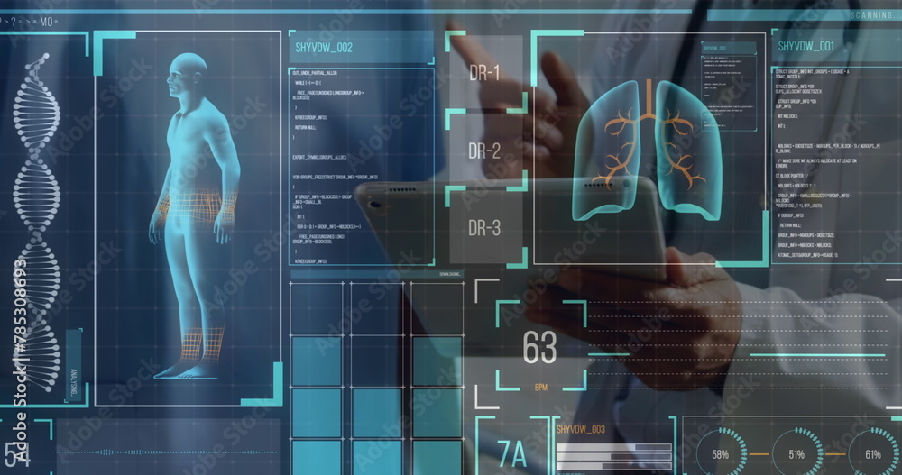 Poster digital interface with medical data processing against mid section of doctor using digital tablet