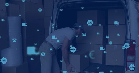 Image of digital icons floating over a caucasian delivery man packing boxes into a car - Powered by Adobe