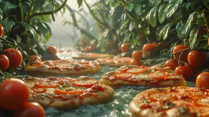 Foto op Plexiglas A pizza with slices that endlessly regenerate, set in a surreal landscape of floating tomato islands © Lalida