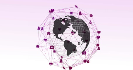 Image of web of connections with icons floating over spinning globe on a white background