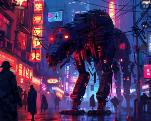 A robot animal stalking through neonlit streets, its prey a rogue AI on the run - obrazy, fototapety, plakaty