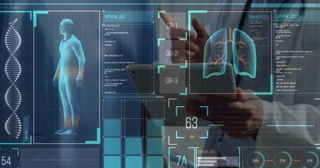 Digital interface with medical data processing against mid section of doctor using digital tablet - Powered by Adobe