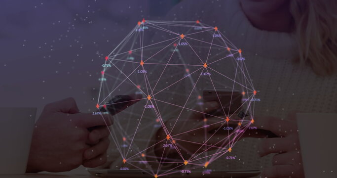 Image of web of connections with numbers floating over man and woman using smartphones